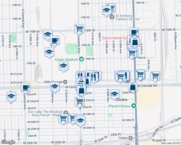 map of restaurants, bars, coffee shops, grocery stores, and more near 5033 West 21st Street in Cicero