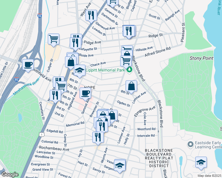 map of restaurants, bars, coffee shops, grocery stores, and more near 176 8th Street in Providence