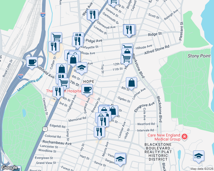 map of restaurants, bars, coffee shops, grocery stores, and more near 136 8th Street in Providence