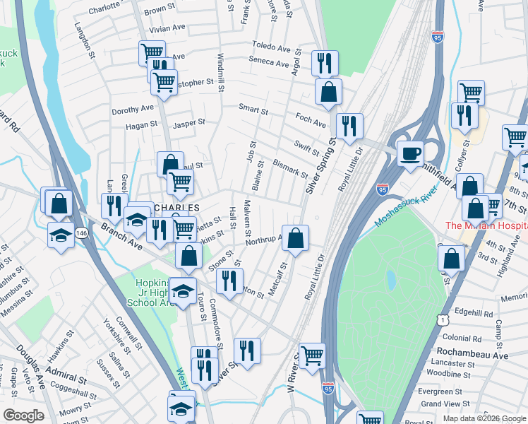 map of restaurants, bars, coffee shops, grocery stores, and more near 45 Vaughan Street in Providence