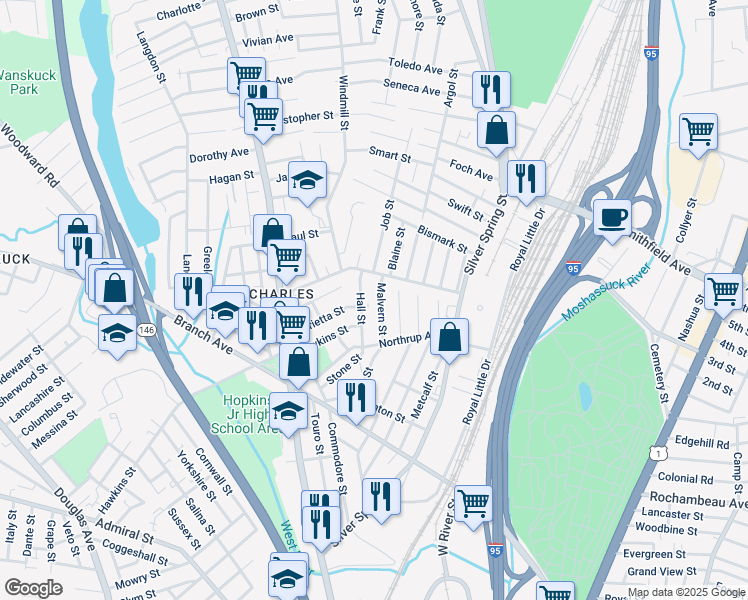 map of restaurants, bars, coffee shops, grocery stores, and more near 50 Malvern Street in Providence