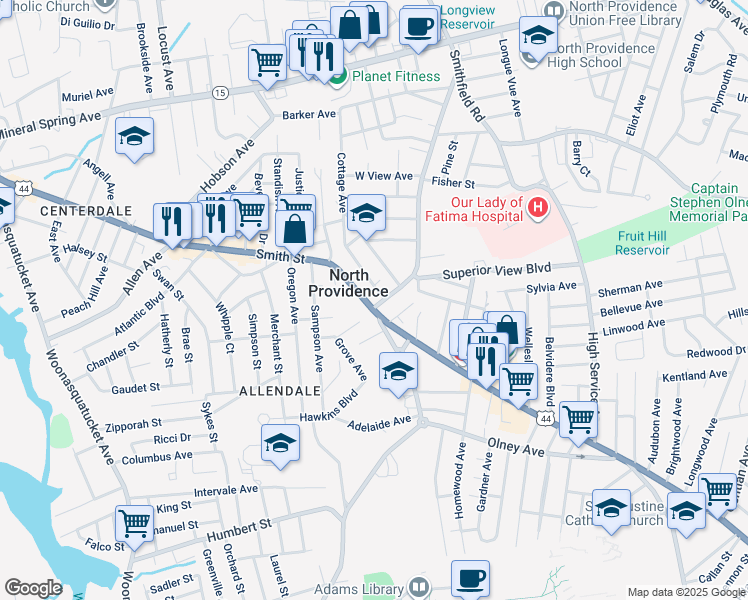 map of restaurants, bars, coffee shops, grocery stores, and more near 1615 Smith Street in North Providence