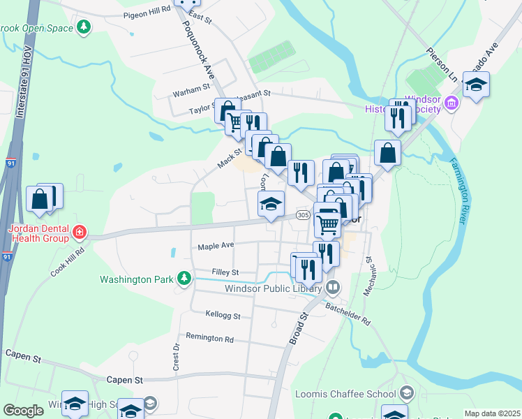 map of restaurants, bars, coffee shops, grocery stores, and more near 57 Loomis Avenue in Windsor