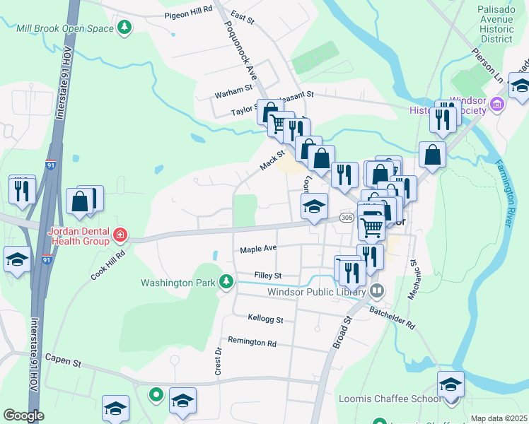 map of restaurants, bars, coffee shops, grocery stores, and more near 156 Bloomfield Avenue in Windsor