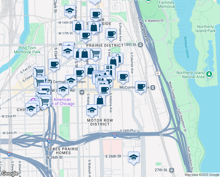 map of restaurants, bars, coffee shops, grocery stores, and more near 126 East Cermak Road in Chicago