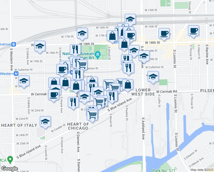 map of restaurants, bars, coffee shops, grocery stores, and more near 1823 West 21st Place in Chicago