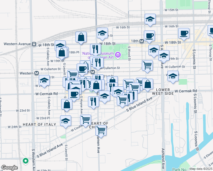 map of restaurants, bars, coffee shops, grocery stores, and more near 1956 West 21st Place in Chicago