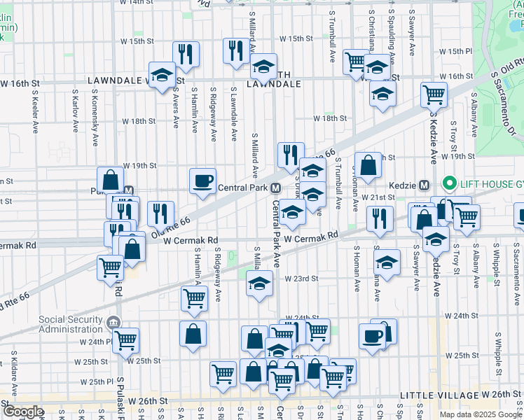 map of restaurants, bars, coffee shops, grocery stores, and more near 2114 South Central Park Avenue in Chicago