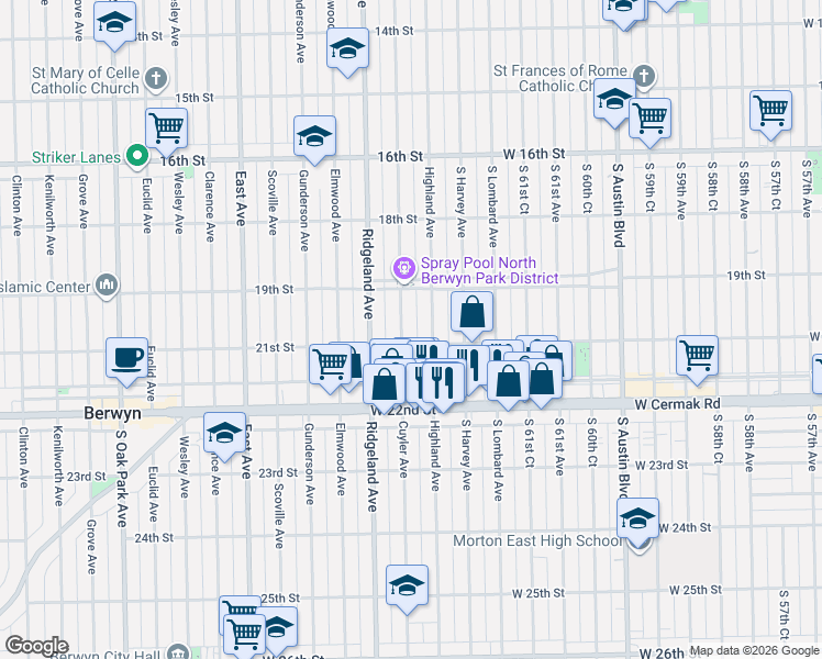 map of restaurants, bars, coffee shops, grocery stores, and more near 1930 Highland Avenue in Berwyn