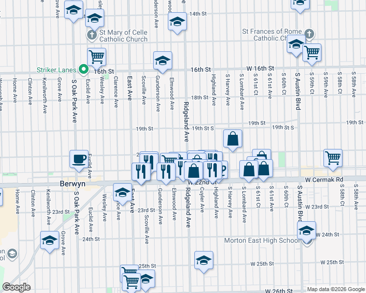 map of restaurants, bars, coffee shops, grocery stores, and more near 1927 Elmwood Avenue in Berwyn
