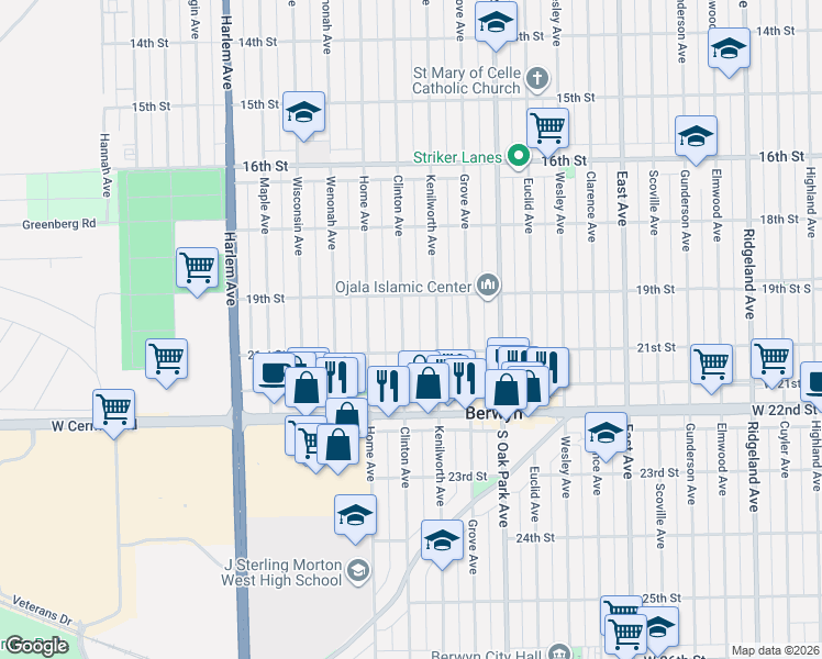 map of restaurants, bars, coffee shops, grocery stores, and more near 1928 Kenilworth Avenue in Berwyn