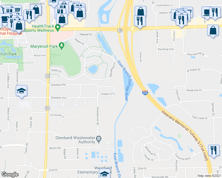 map of restaurants, bars, coffee shops, grocery stores, and more near 977 Chapel Court South in Glen Ellyn