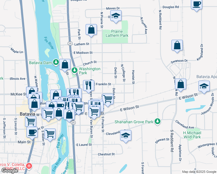 map of restaurants, bars, coffee shops, grocery stores, and more near 422 East Franklin Street in Batavia