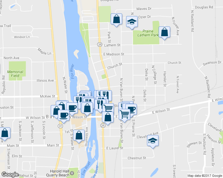 map of restaurants, bars, coffee shops, grocery stores, and more near 227 North Washington Avenue in Batavia
