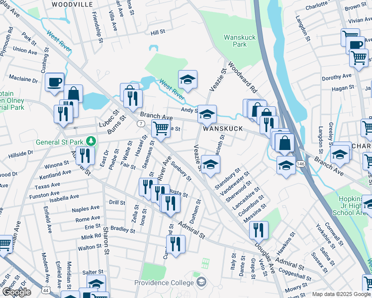 map of restaurants, bars, coffee shops, grocery stores, and more near 21 O Neil Street in Providence