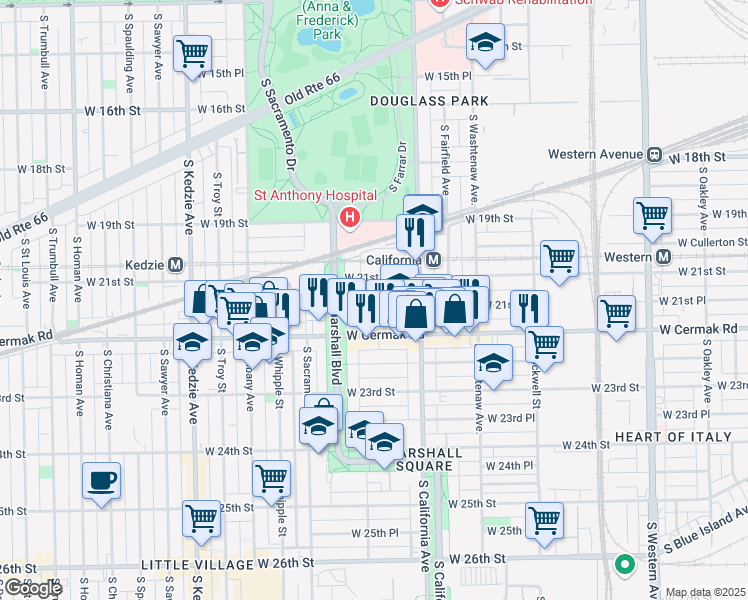 map of restaurants, bars, coffee shops, grocery stores, and more near 2850 West 21st Place in Chicago