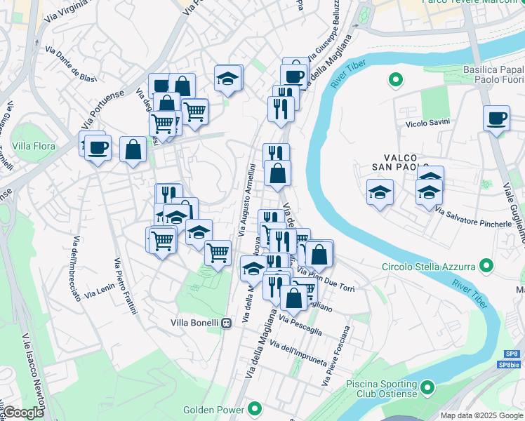 map of restaurants, bars, coffee shops, grocery stores, and more near 55 Via della Magliana Nuova in Roma