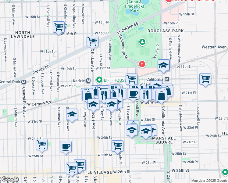 map of restaurants, bars, coffee shops, grocery stores, and more near 2119 S Albany Ave in Chicago