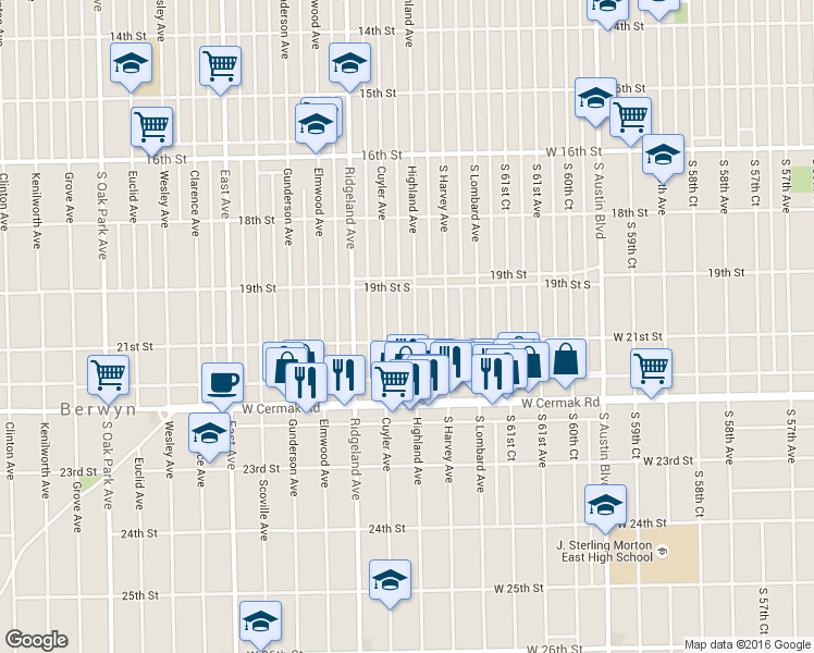 map of restaurants, bars, coffee shops, grocery stores, and more near 1930 Highland Avenue in Berwyn