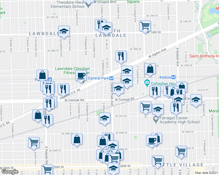 map of restaurants, bars, coffee shops, grocery stores, and more near 2114 South Central Park Avenue in Chicago