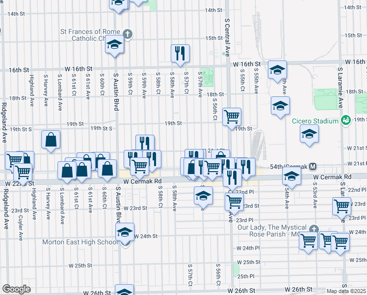 map of restaurants, bars, coffee shops, grocery stores, and more near 1932-34 South 57th Avenue in Cicero