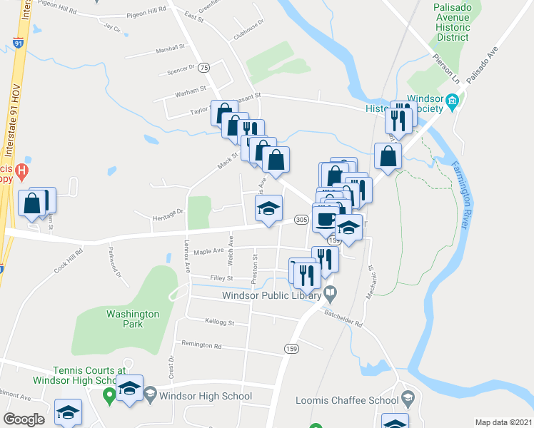 map of restaurants, bars, coffee shops, grocery stores, and more near 57 Loomis Avenue in Windsor