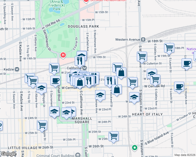 map of restaurants, bars, coffee shops, grocery stores, and more near 2658 West 21st Place in Chicago