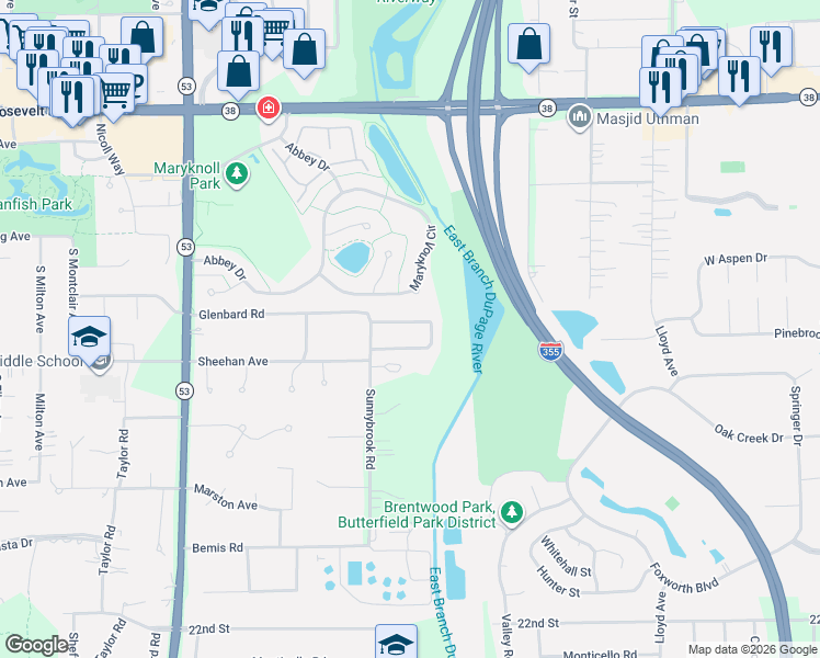 map of restaurants, bars, coffee shops, grocery stores, and more near 977 Chapel Court South in Glen Ellyn