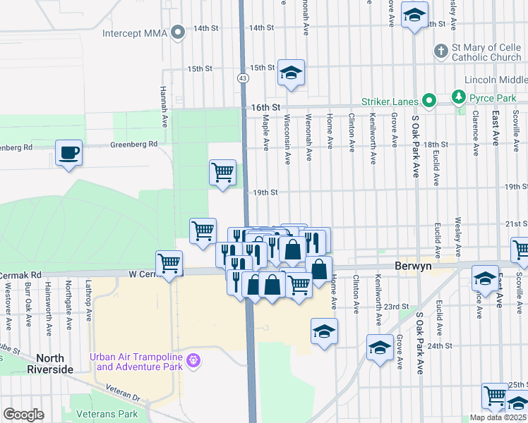 map of restaurants, bars, coffee shops, grocery stores, and more near 1924 Maple Avenue in Berwyn