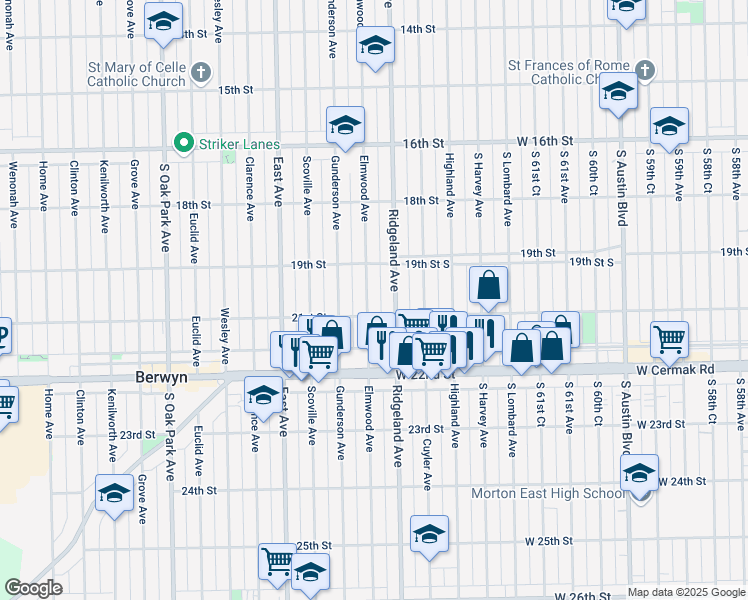 map of restaurants, bars, coffee shops, grocery stores, and more near 1927 Elmwood Avenue in Berwyn