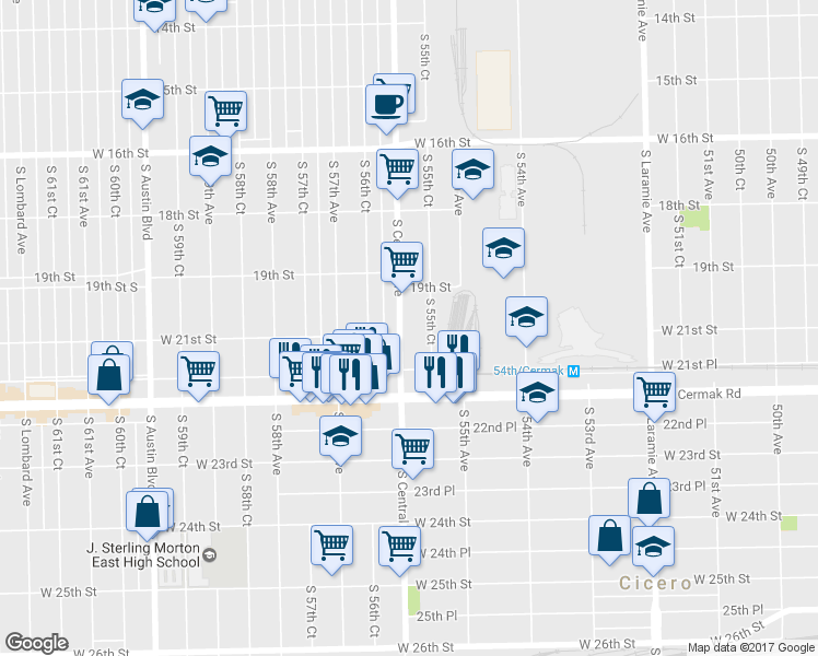 map of restaurants, bars, coffee shops, grocery stores, and more near 1929 S Central Ave in Cicero