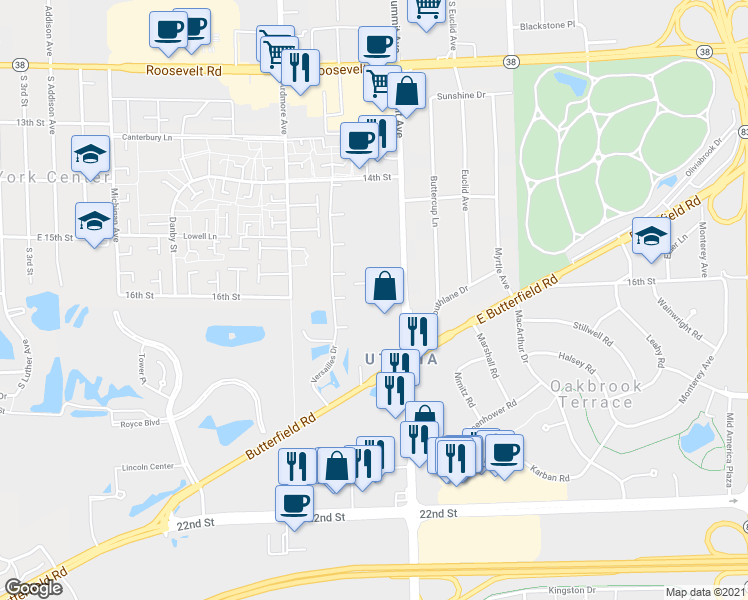 map of restaurants, bars, coffee shops, grocery stores, and more near 1S410 Summit Avenue in Oakbrook Terrace