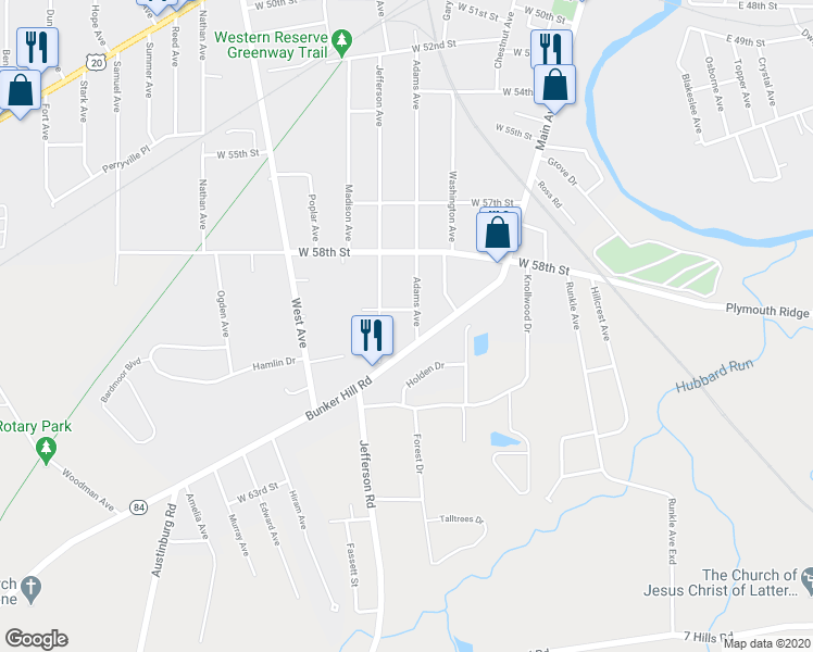 map of restaurants, bars, coffee shops, grocery stores, and more near 5917 Adams Ave in Ashtabula