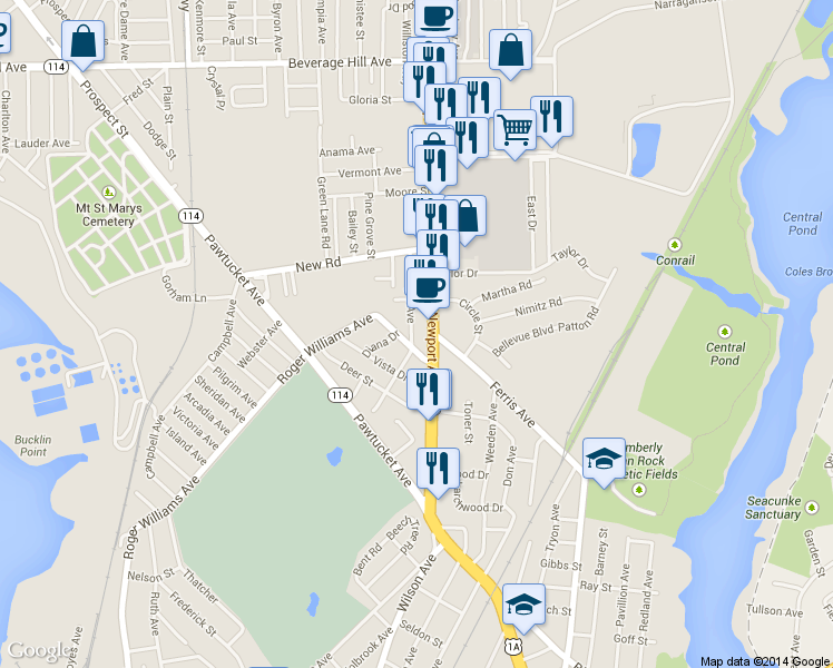 map of restaurants, bars, coffee shops, grocery stores, and more near 9 Coyle Ave in East Providence