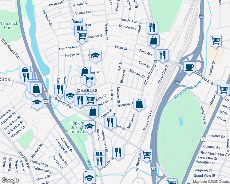 map of restaurants, bars, coffee shops, grocery stores, and more near 50 Malvern Street in Providence