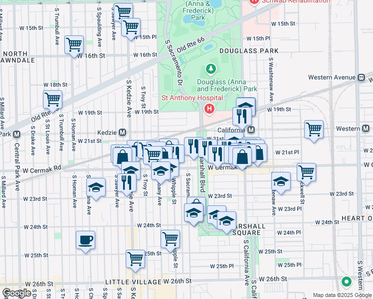 map of restaurants, bars, coffee shops, grocery stores, and more near 3000 West 21st Place in Chicago