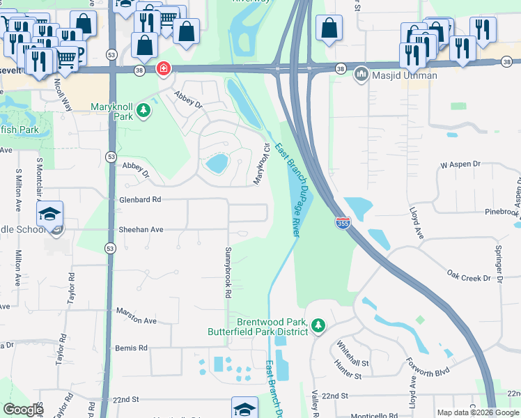 map of restaurants, bars, coffee shops, grocery stores, and more near 977 Chapel Court South in Glen Ellyn