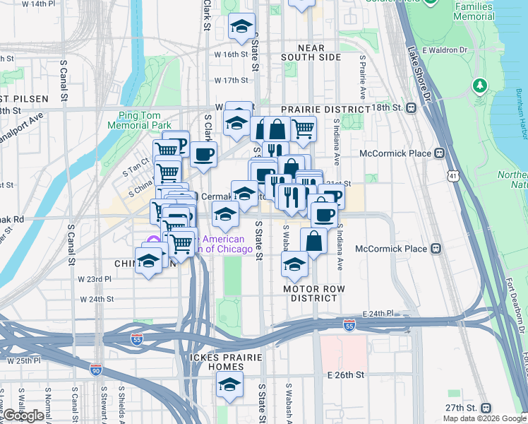 map of restaurants, bars, coffee shops, grocery stores, and more near 2 E Cermak Rd in Chicago