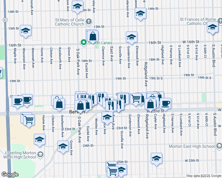 map of restaurants, bars, coffee shops, grocery stores, and more near 1928 East Avenue in Berwyn