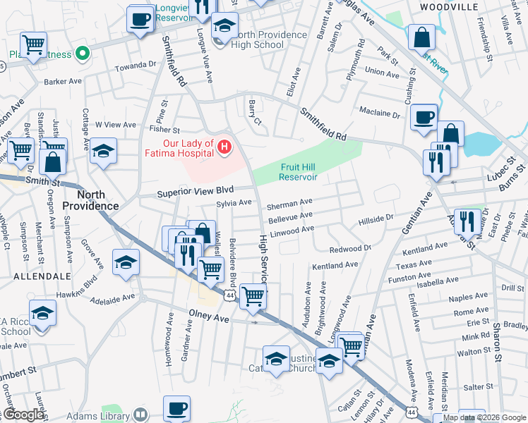 map of restaurants, bars, coffee shops, grocery stores, and more near 111 High Service Avenue in North Providence