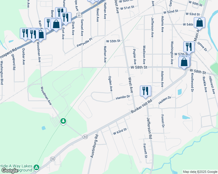map of restaurants, bars, coffee shops, grocery stores, and more near 5909 Ogden Avenue in Ashtabula