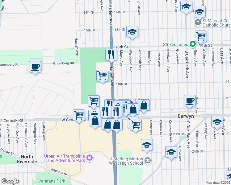 map of restaurants, bars, coffee shops, grocery stores, and more near 1921 Harlem Avenue in Berwyn