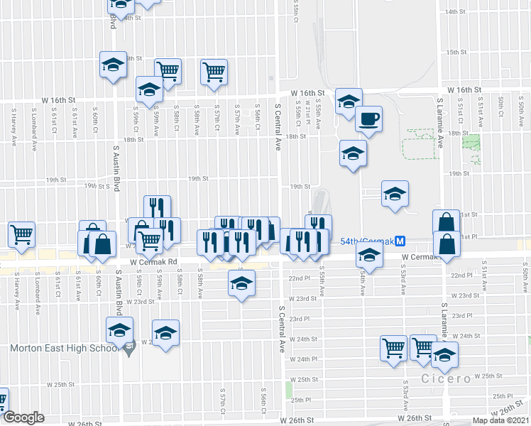map of restaurants, bars, coffee shops, grocery stores, and more near 1933 South 56th Court in Cicero