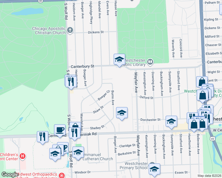 map of restaurants, bars, coffee shops, grocery stores, and more near 1804 Burns Avenue in Westchester