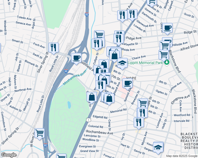 map of restaurants, bars, coffee shops, grocery stores, and more near 100 Nashua St in Providence