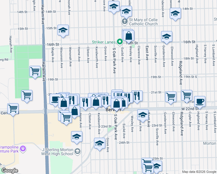 map of restaurants, bars, coffee shops, grocery stores, and more near 1925 Grove Avenue in Berwyn