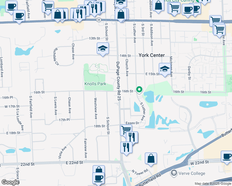 map of restaurants, bars, coffee shops, grocery stores, and more near 1600 South Meyers Road in Lombard