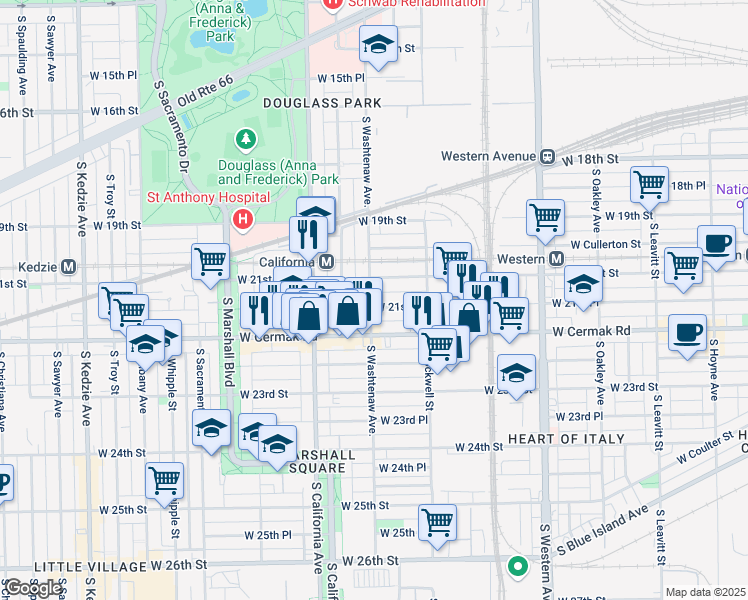 map of restaurants, bars, coffee shops, grocery stores, and more near 2658 West 21st Place in Chicago