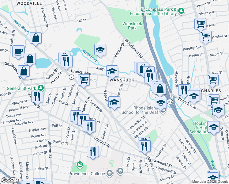 map of restaurants, bars, coffee shops, grocery stores, and more near 51 Shiloh Street in Providence