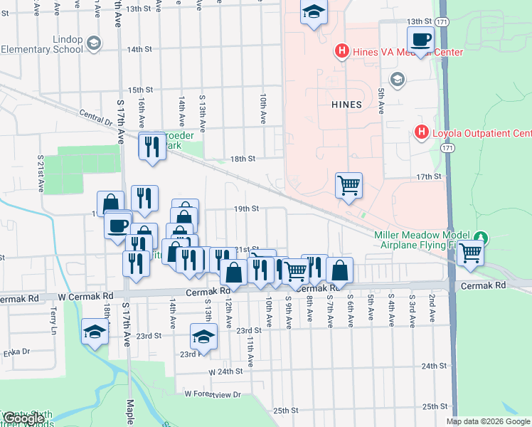 map of restaurants, bars, coffee shops, grocery stores, and more near 2804 South 10th Avenue in Broadview